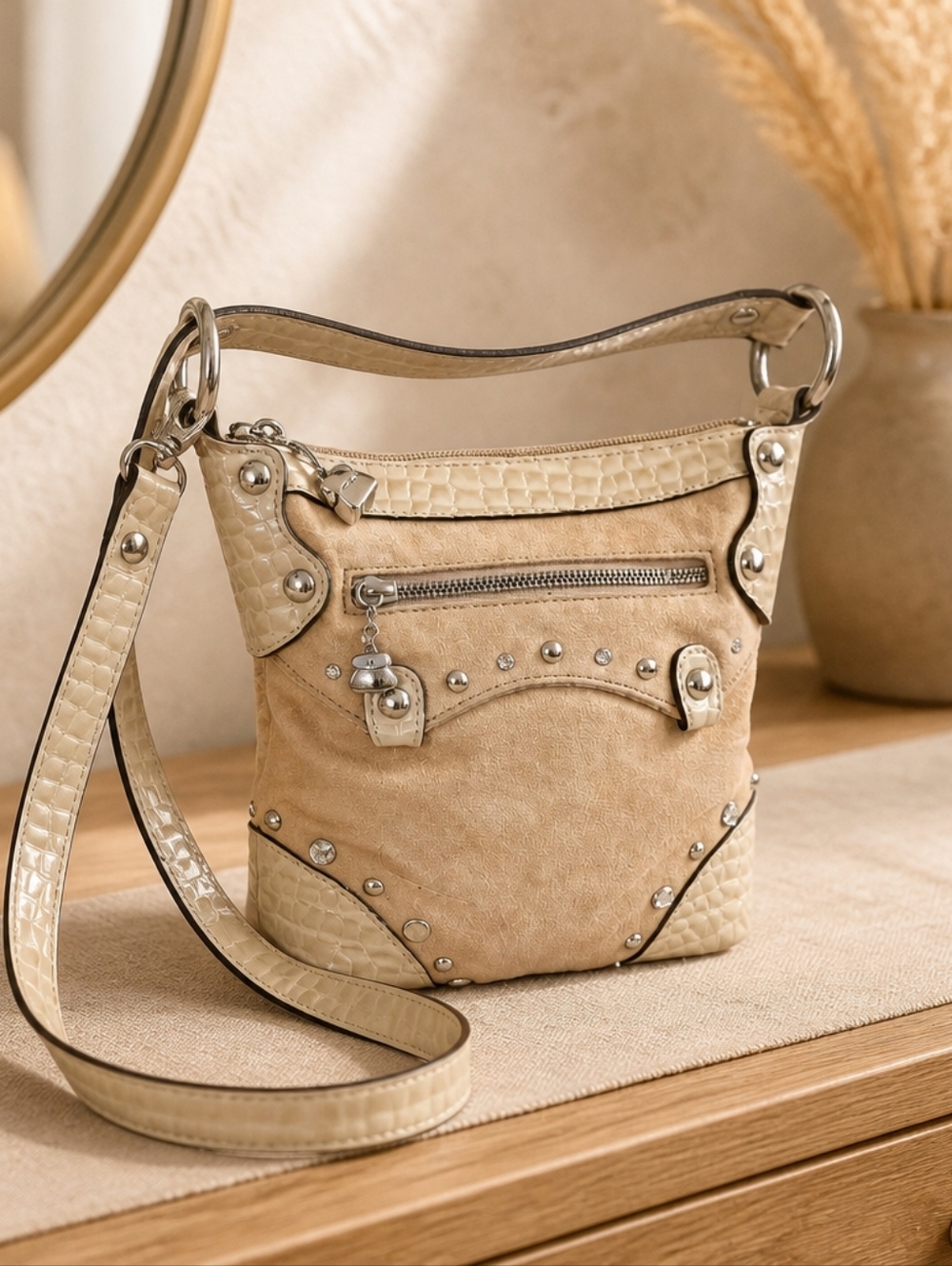 Kathy Van Zeeland Cream Beige Studded Crossbody with Croc Trim